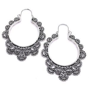 Silver Boho Scalloped Edge Dangling Drop Hinged Hook Hoop Earrings